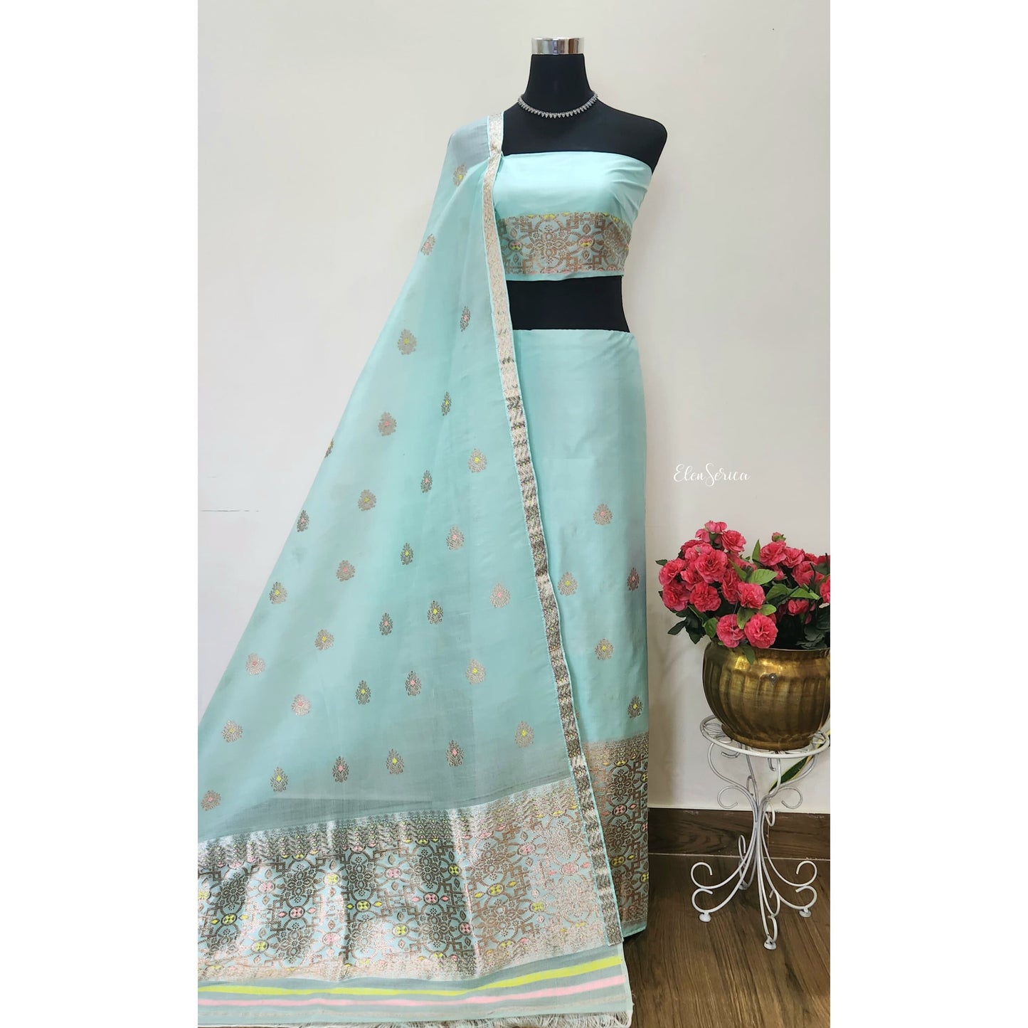Sea Green Mulberry Silk (Paat Kesapaat) Mekhela Chador