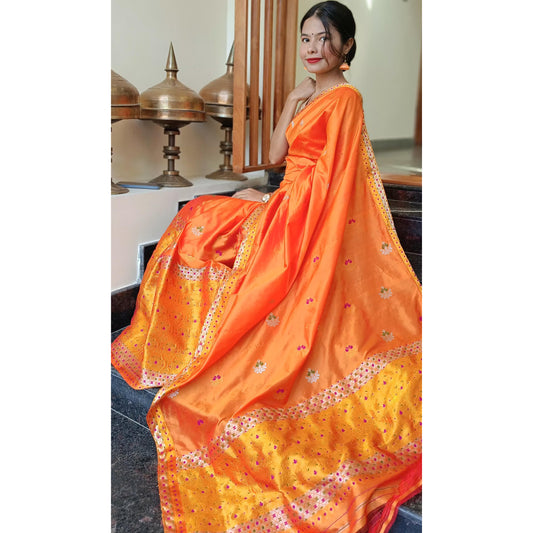 Orange Mulberry Silk (Paat) Mekhela Chador