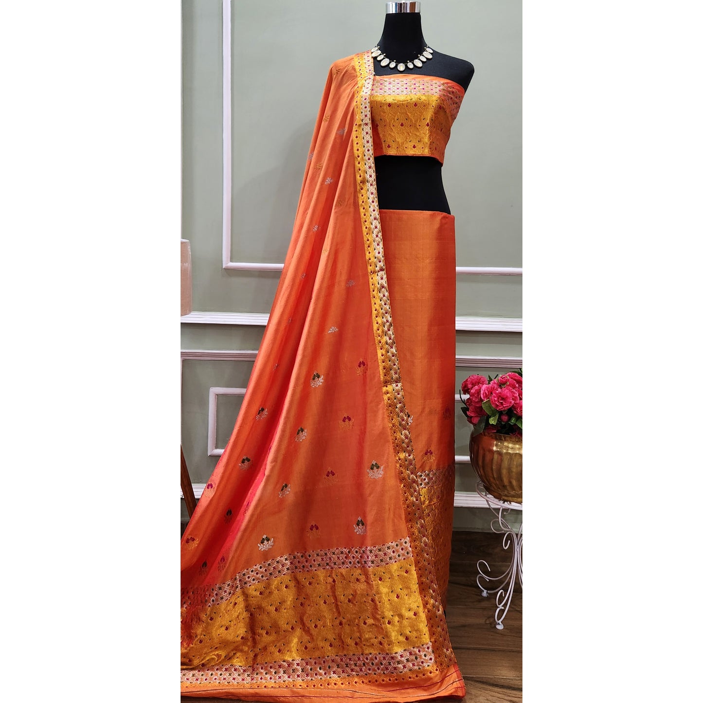 Orange Mulberry Silk (Paat) Mekhela Chador