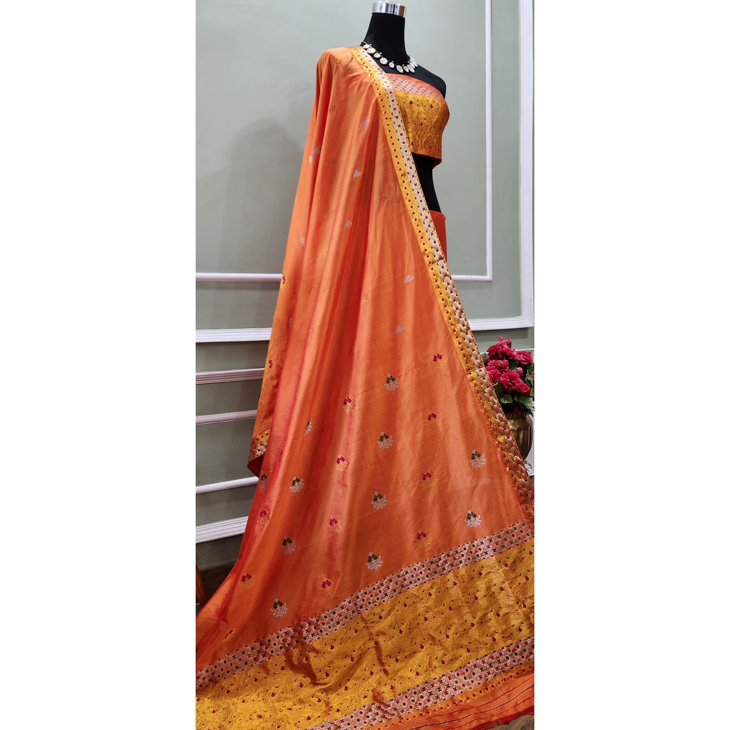 Orange Mulberry Silk (Paat) Mekhela Chador