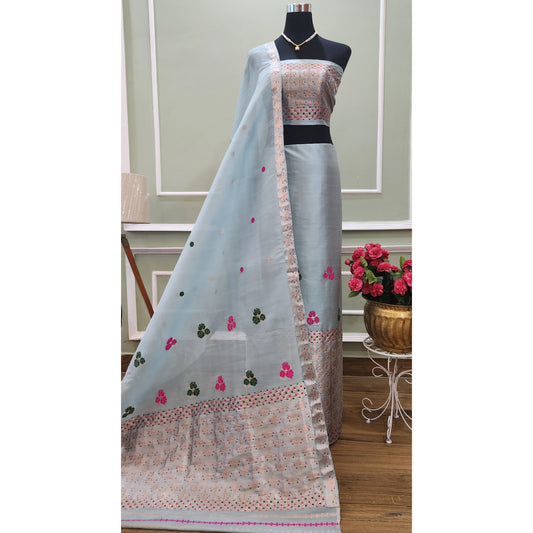 Light Blue Mulberry Silk (Paat-Kesapaat) Mekhela Chador