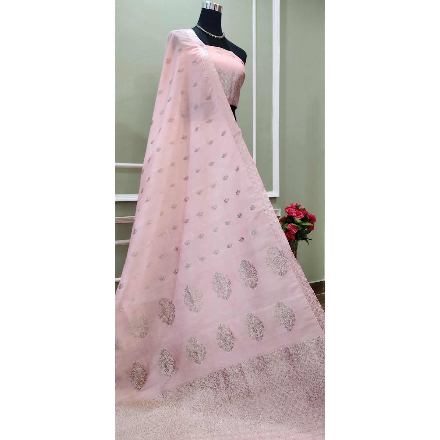 Light Pink Pure Mulberry Silk & Tassar Silk (mix) Mekhela Chador
