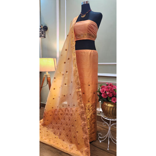 Light Orange Pure Mulberry Silk (Paat-Kesapaat) Mekhela Chador