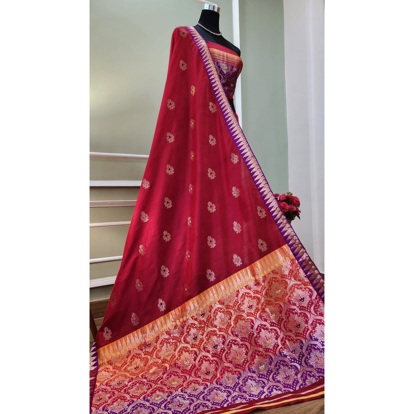 Red-Orange Pure Mulberry Silk Mekhela Chador