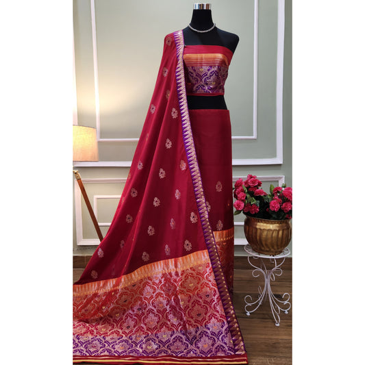 Red-Orange Pure Mulberry Silk Mekhela Chador