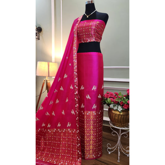Pink Pure Mulberry Silk Mekhela Chador