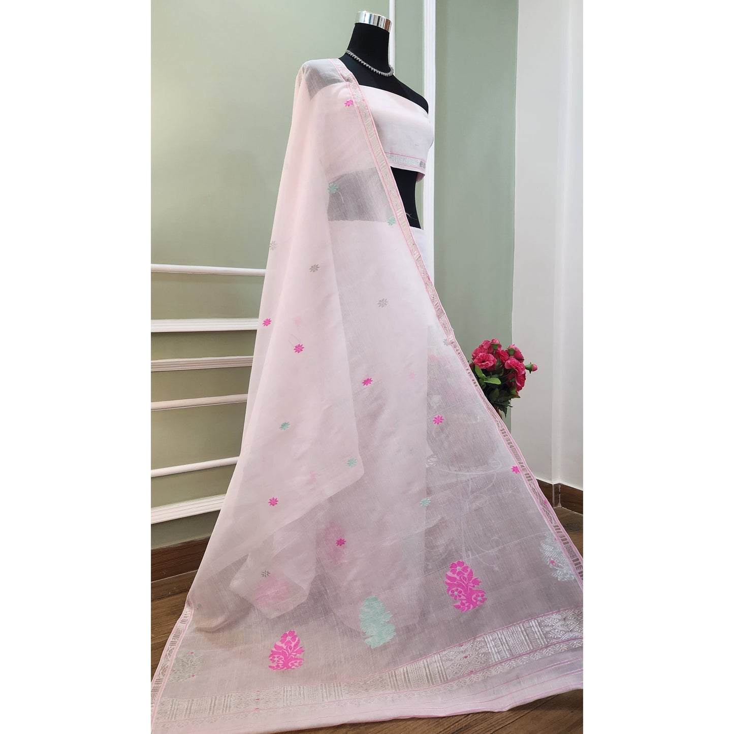 Pink Pure Cotton-Kesapaat Mekhela Chador