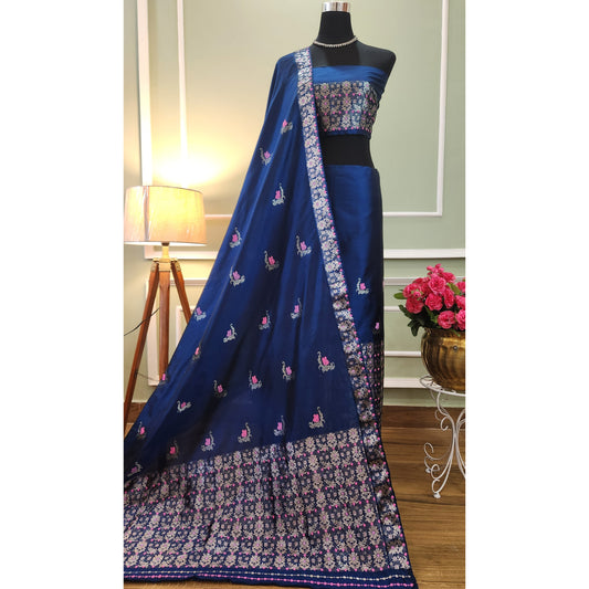 Royal Blue Pure Mulberry Silk (Paat) Mekhela Chador