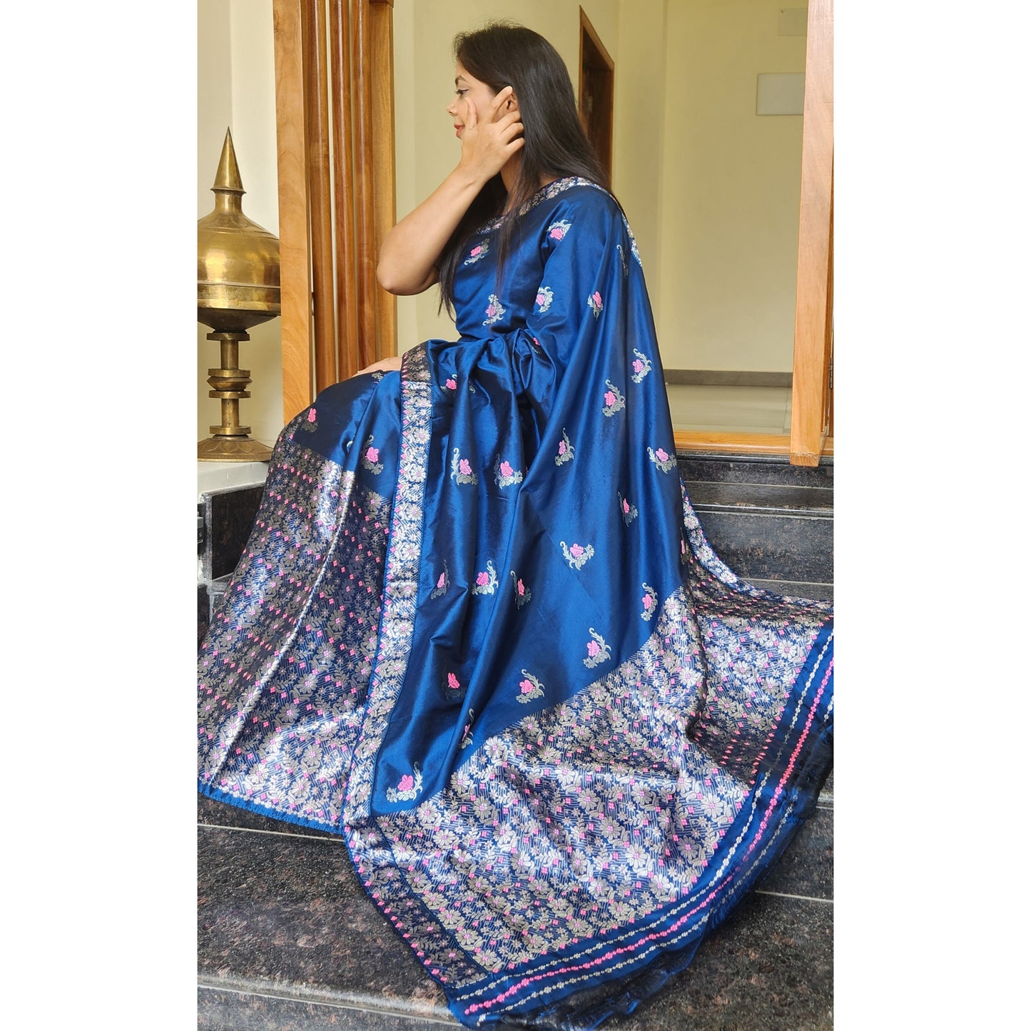 Royal Blue Pure Mulberry Silk (Paat) Mekhela Chador