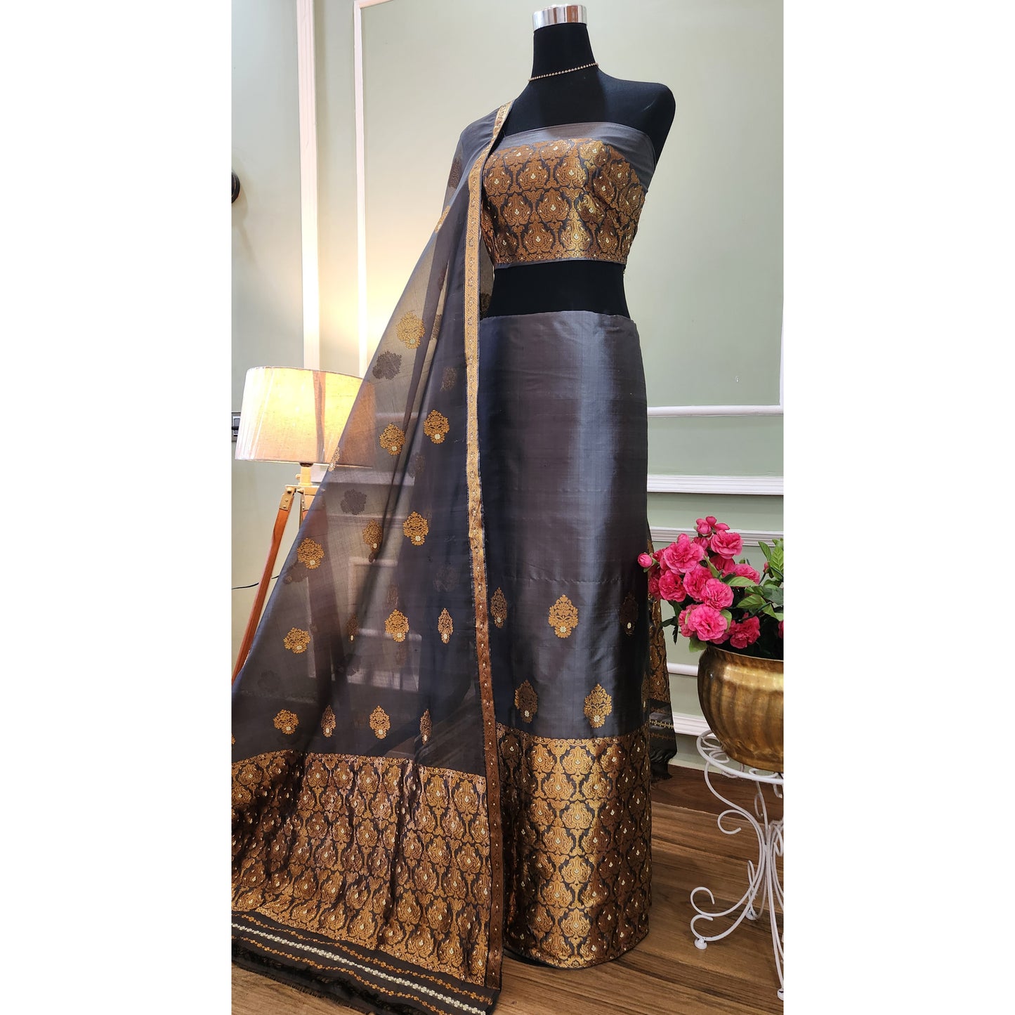 Charcoal Grey Mulberry Silk (Paat-Kesapaat) Mekhela Chador