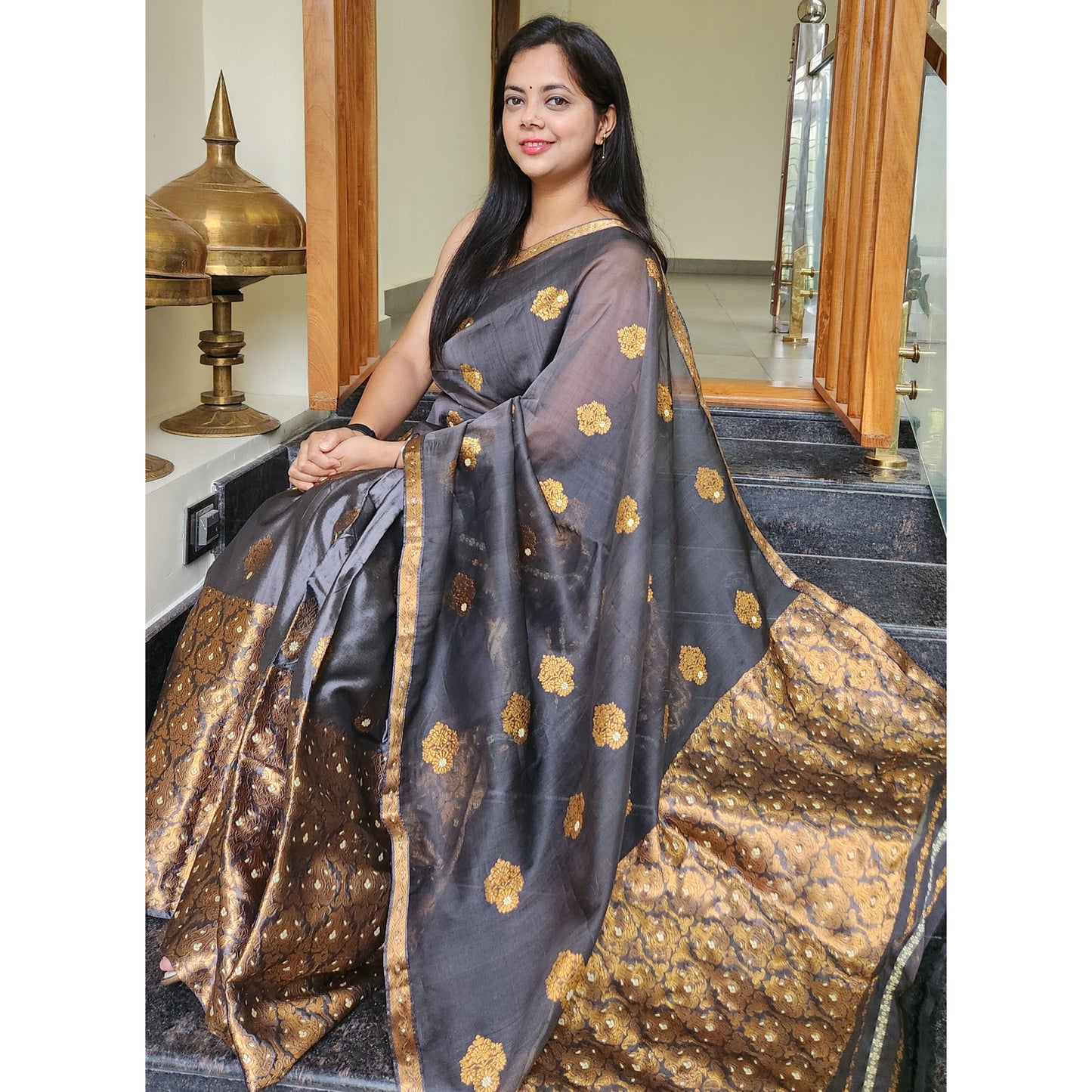 Charcoal Grey Mulberry Silk (Paat-Kesapaat) Mekhela Chador