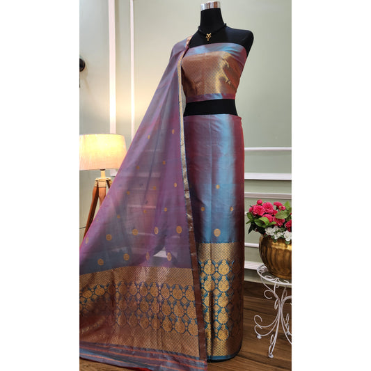 Blue Red Hue Pure Mulberry Silk (Paat- Kesapaat) Mekhela Chador