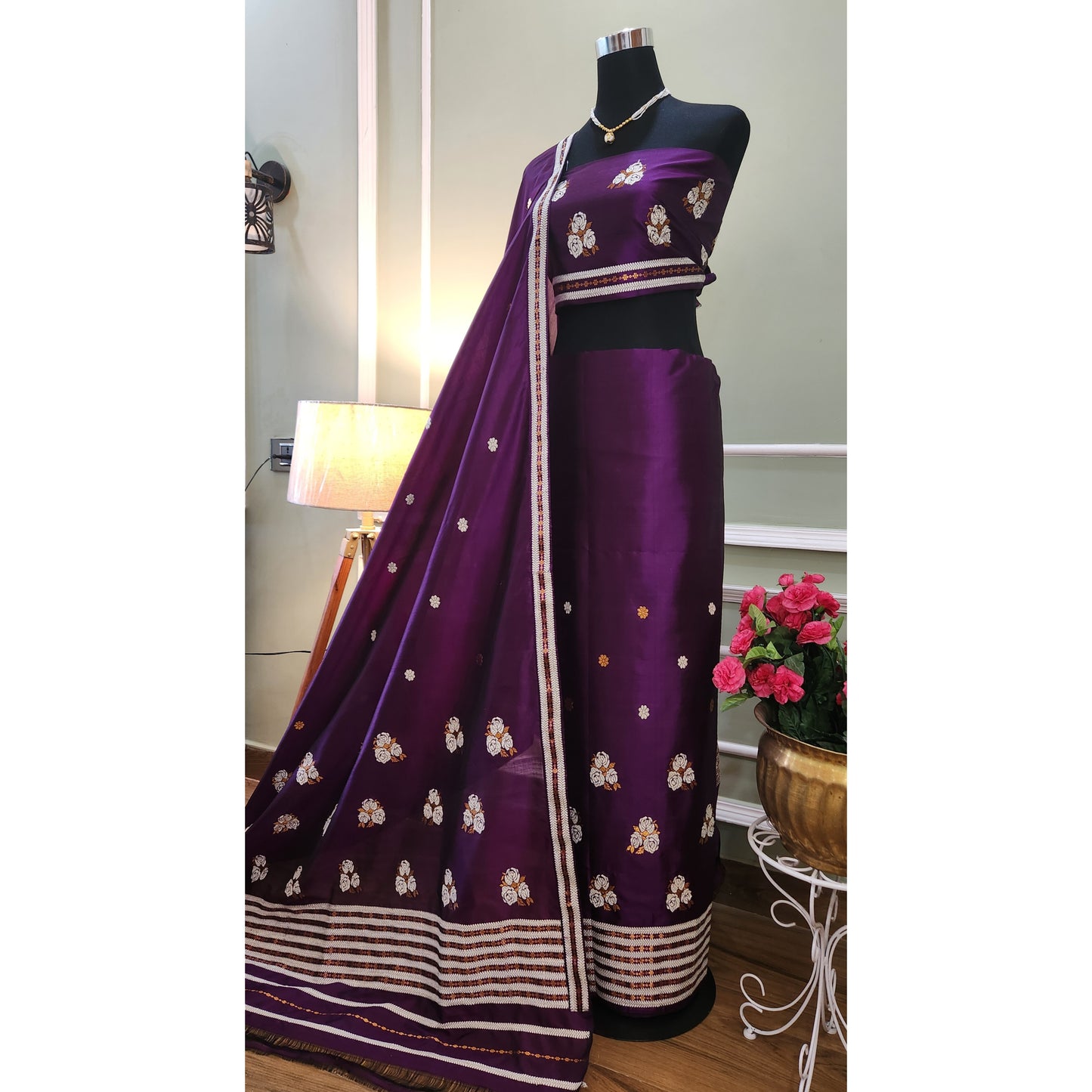 Green / Dark Purple Pure Mulberry Silk Mekhela Chador