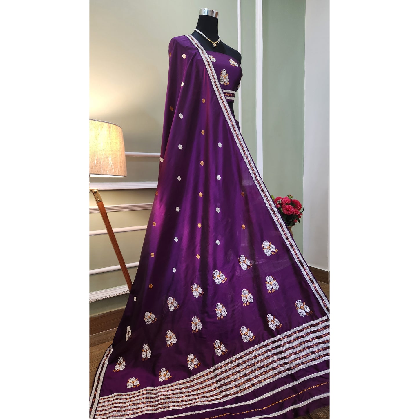 Green / Dark Purple Pure Mulberry Silk Mekhela Chador