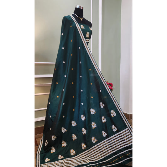 Green / Dark Purple Pure Mulberry Silk Mekhela Chador