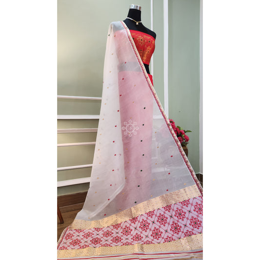 Red-White Pure Mulberry Silk (Paat-Kesapaat) Mekhela Chador