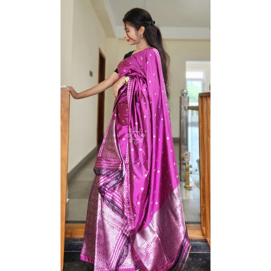 Magenta-Pink Pure Mulberry Silk Mekhela Chador