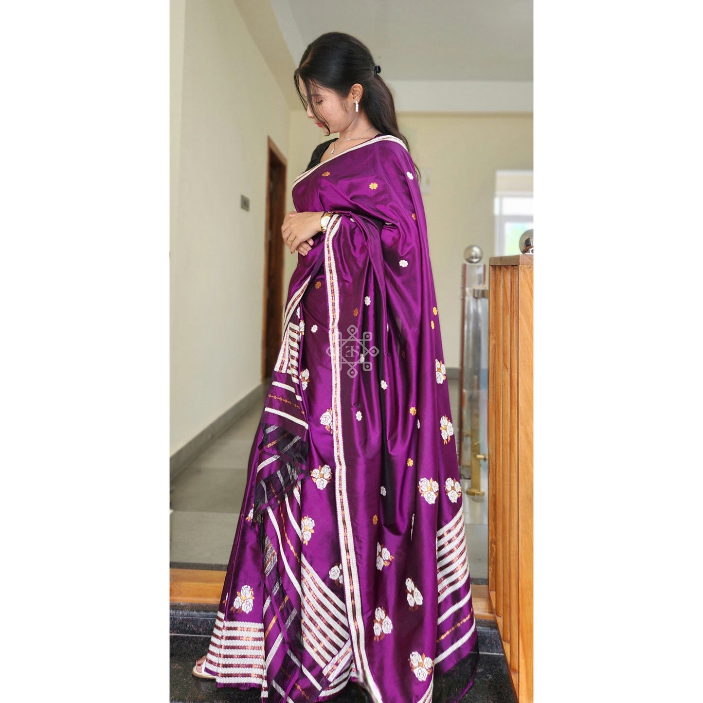 Green / Dark Purple Pure Mulberry Silk Mekhela Chador