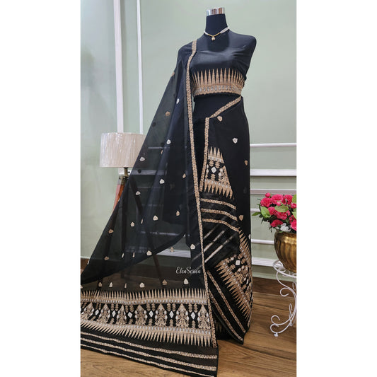 Black-Ghisa Pure Mulberry Silk Mekhela Chador