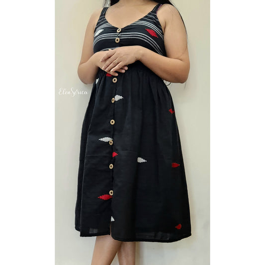 Black Handloom Cotton Midi Dress