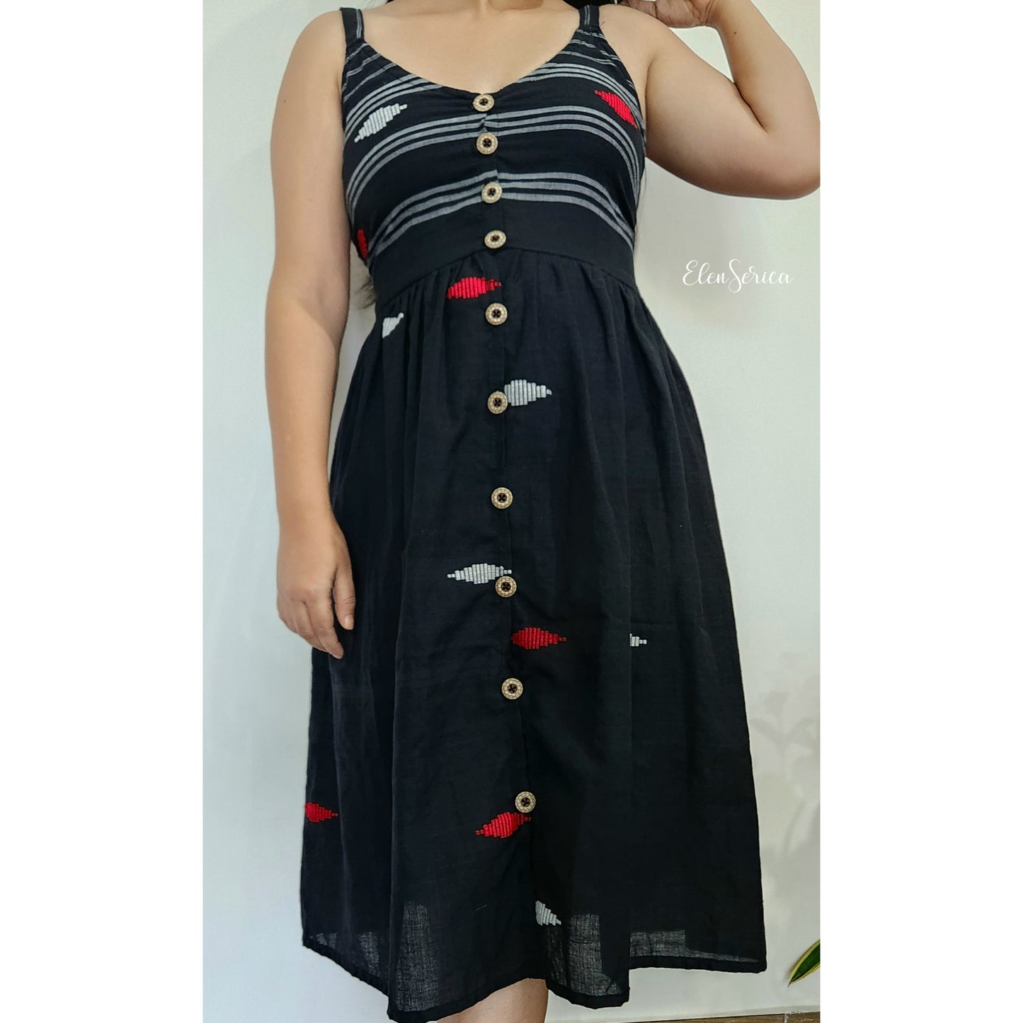 Black Handloom Cotton Midi Dress