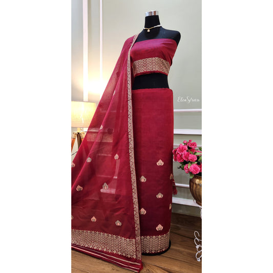 Maroon Cotton-Kesapaat Mekhela Chador