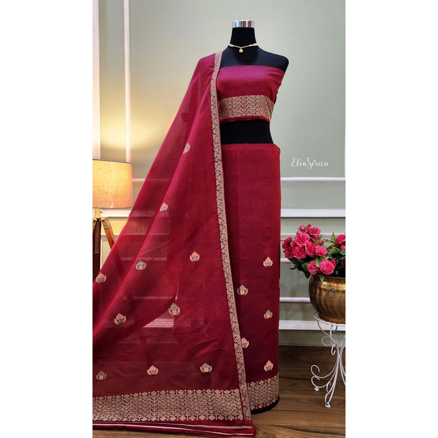 Maroon Cotton-Kesapaat Mekhela Chador
