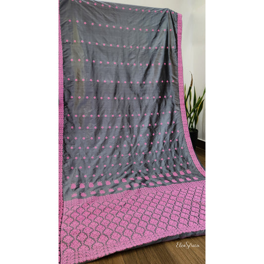 Grey Blossom Mulberry Silk Saree