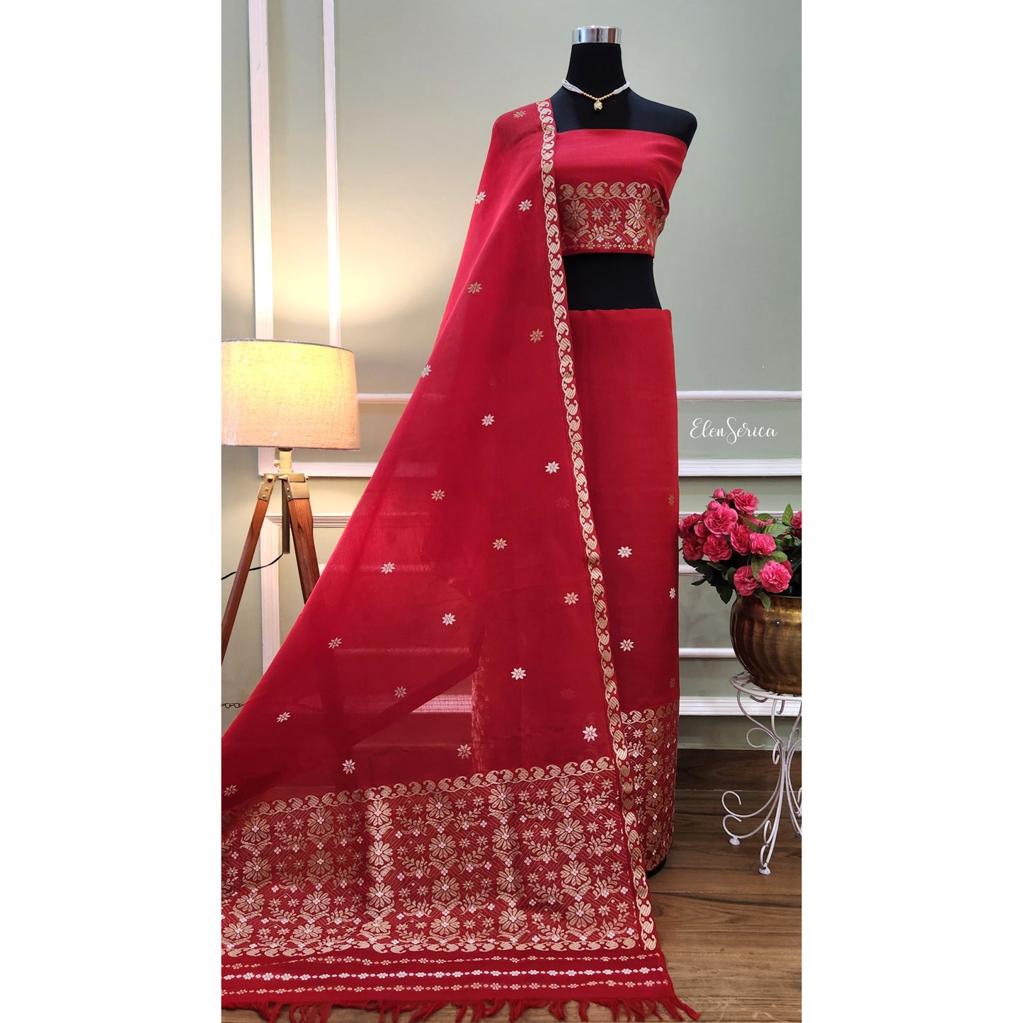 Red Cotton-Kesapaat Mekhela Chador