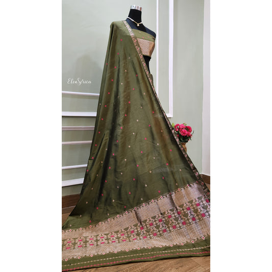 Olive Mulberry Silk (Paat) Mekhela Chador