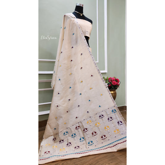 White Tassar Silk Mekhela Chador