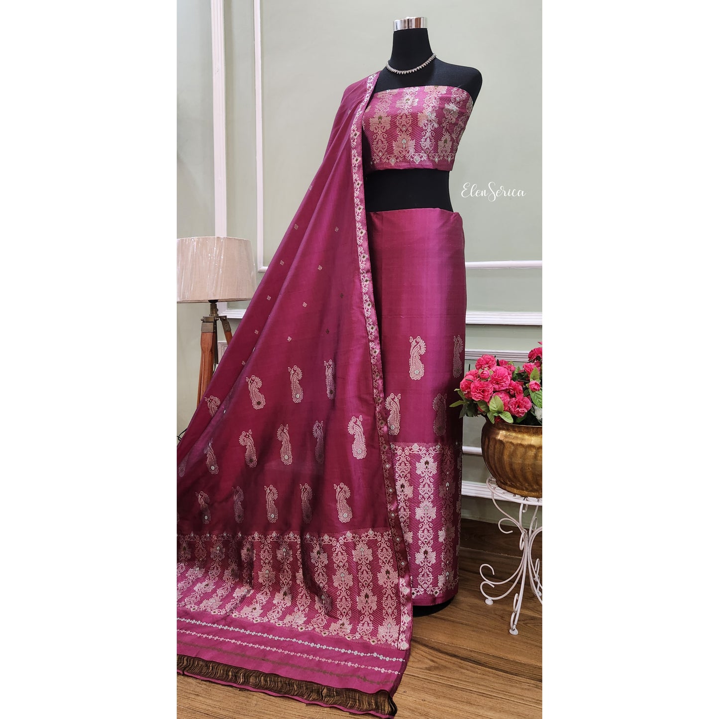 Magenta Mulberry Silk (Paat) Mekhela Chador