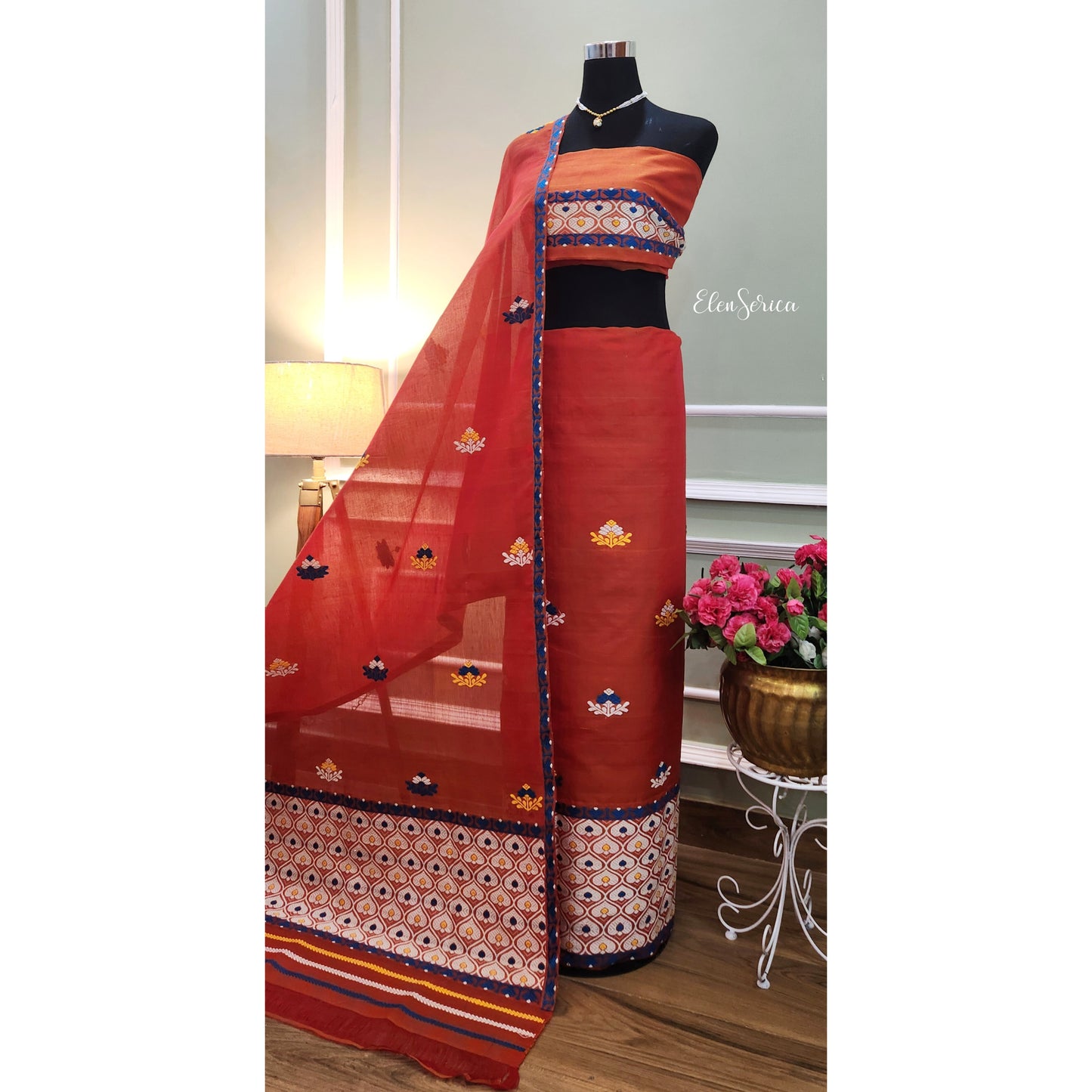 Orange Cotton Kesapaat Mekhela Chador