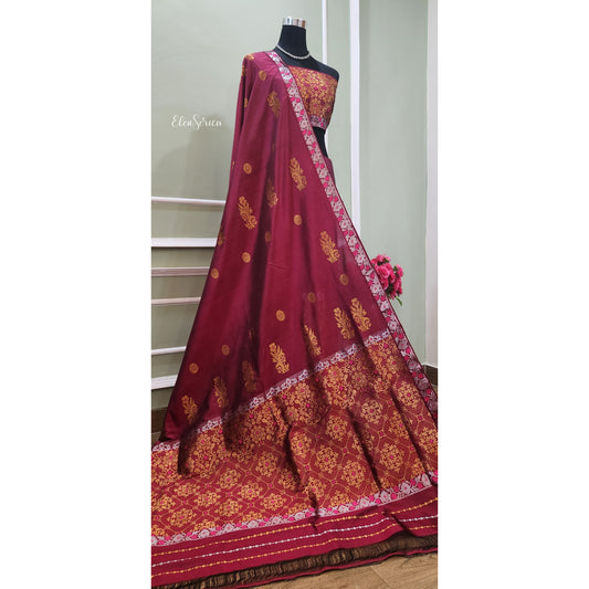 Magenta-Golden Pure Silk Mekhela Chador