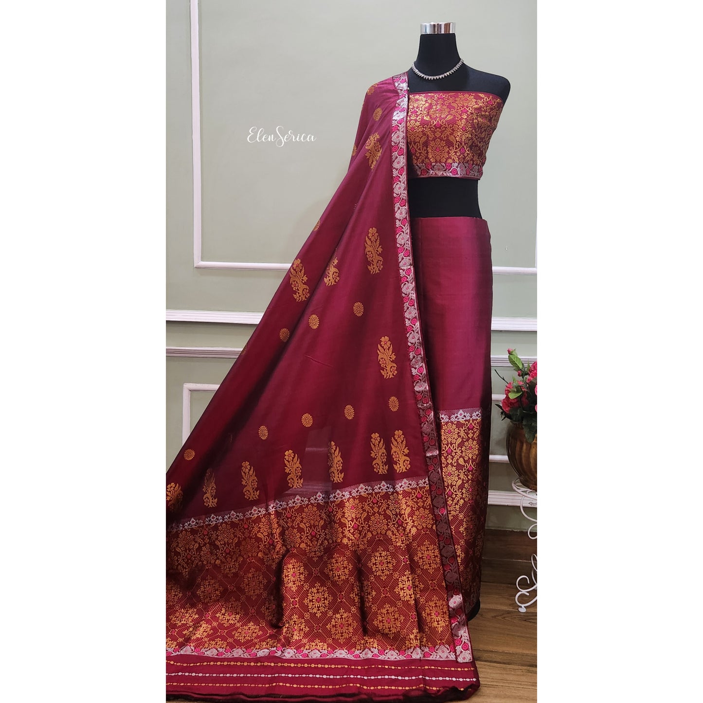 Magenta-Golden Pure Silk Mekhela Chador