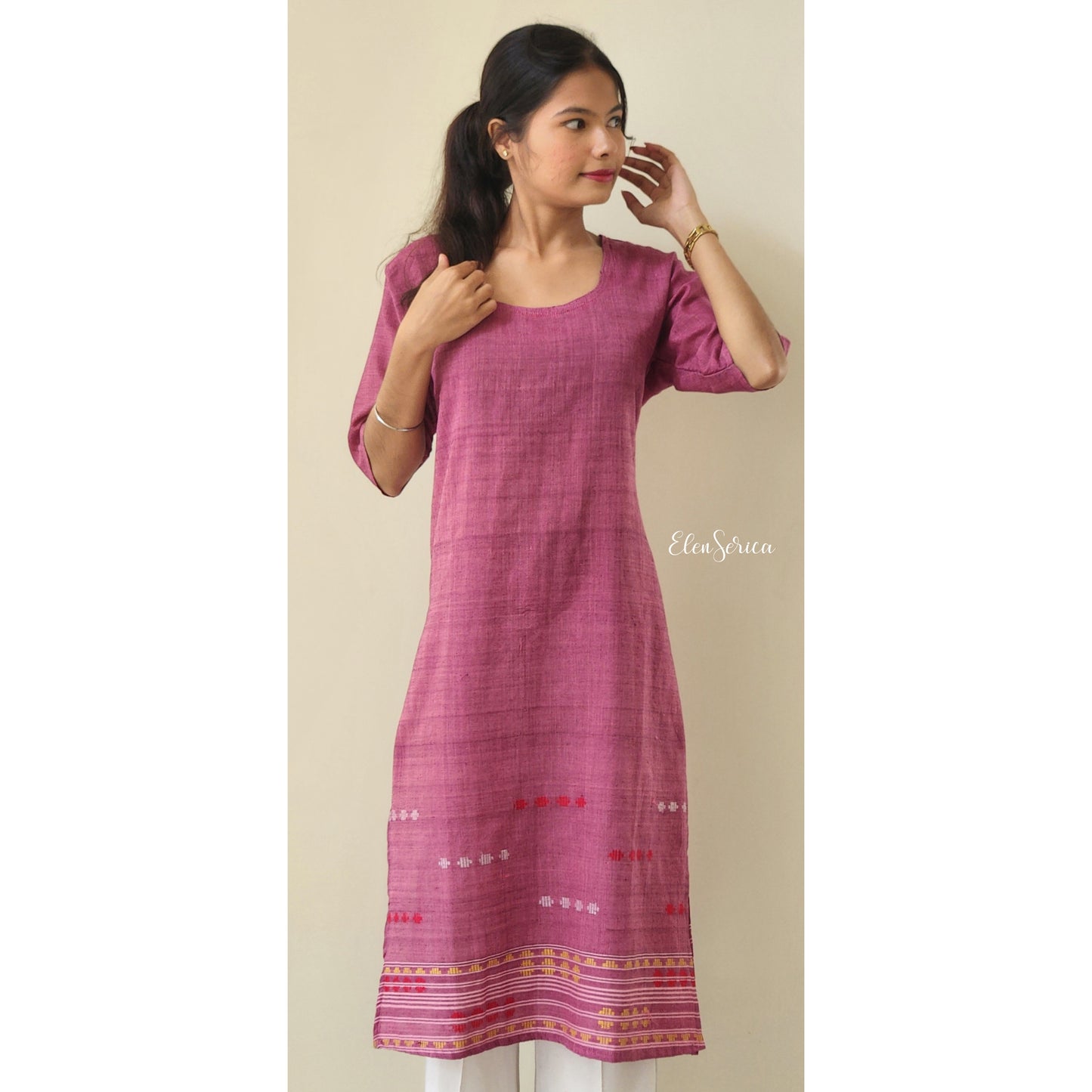 Pink Cotton Handwoven Kurti