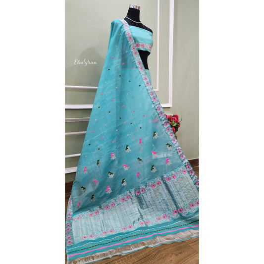 Turquoise Mulberry Silk (Paat-Kesapaat) Mekhela Chador
