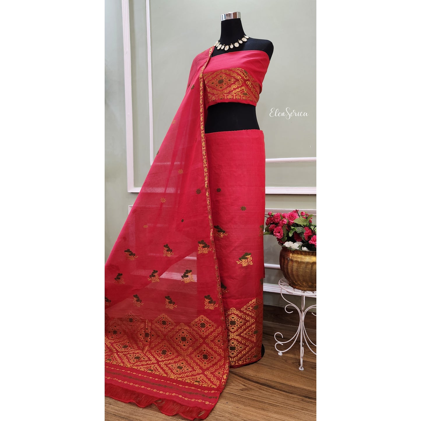 Red Cotton-Kesapaat Mekhela Chador