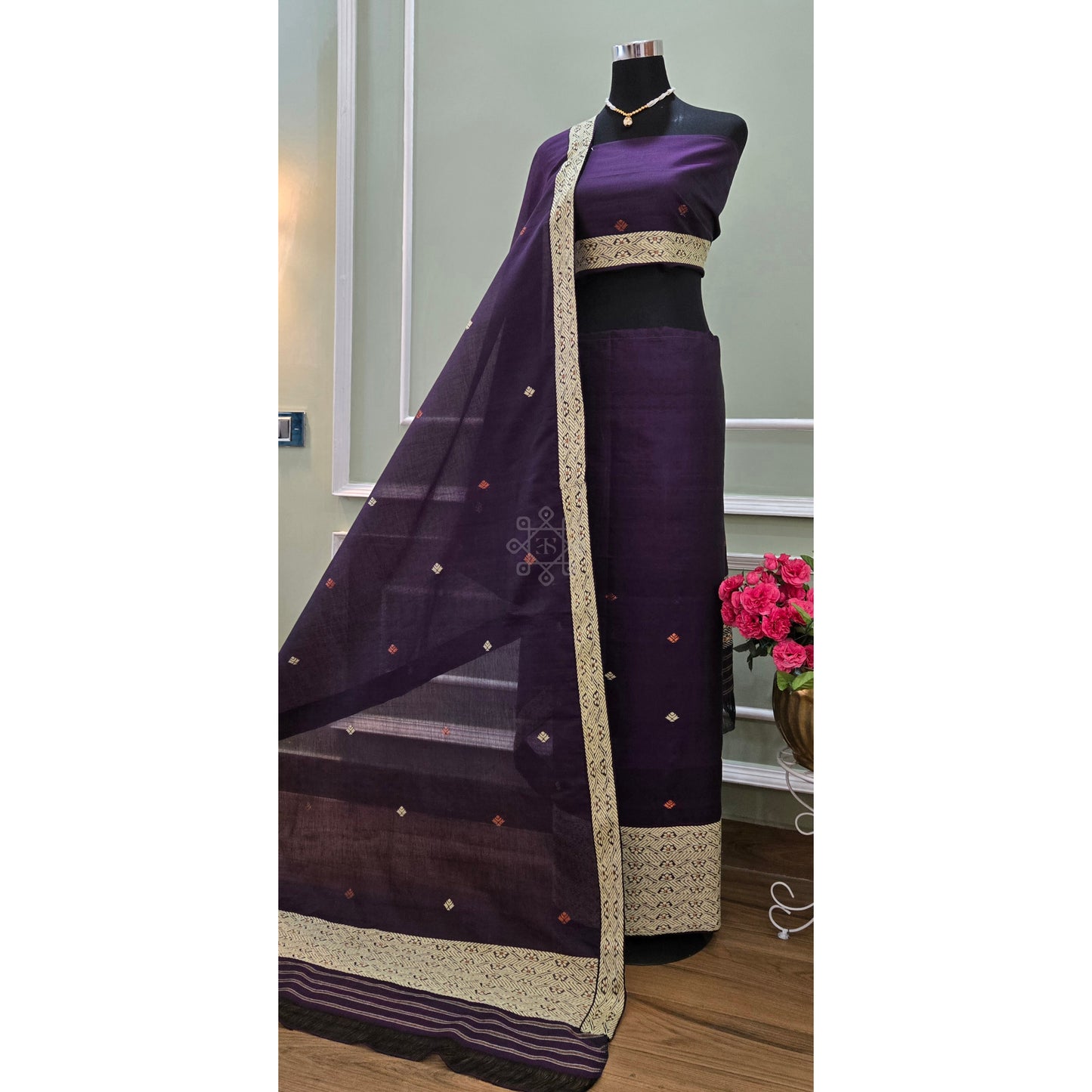 Deep Midnight Purple Cotton-Kesapaat Mekhela Chador