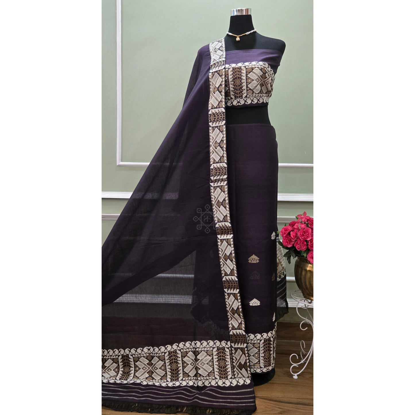Midnight Purple Cotton Kesapaat Mekhela Chador