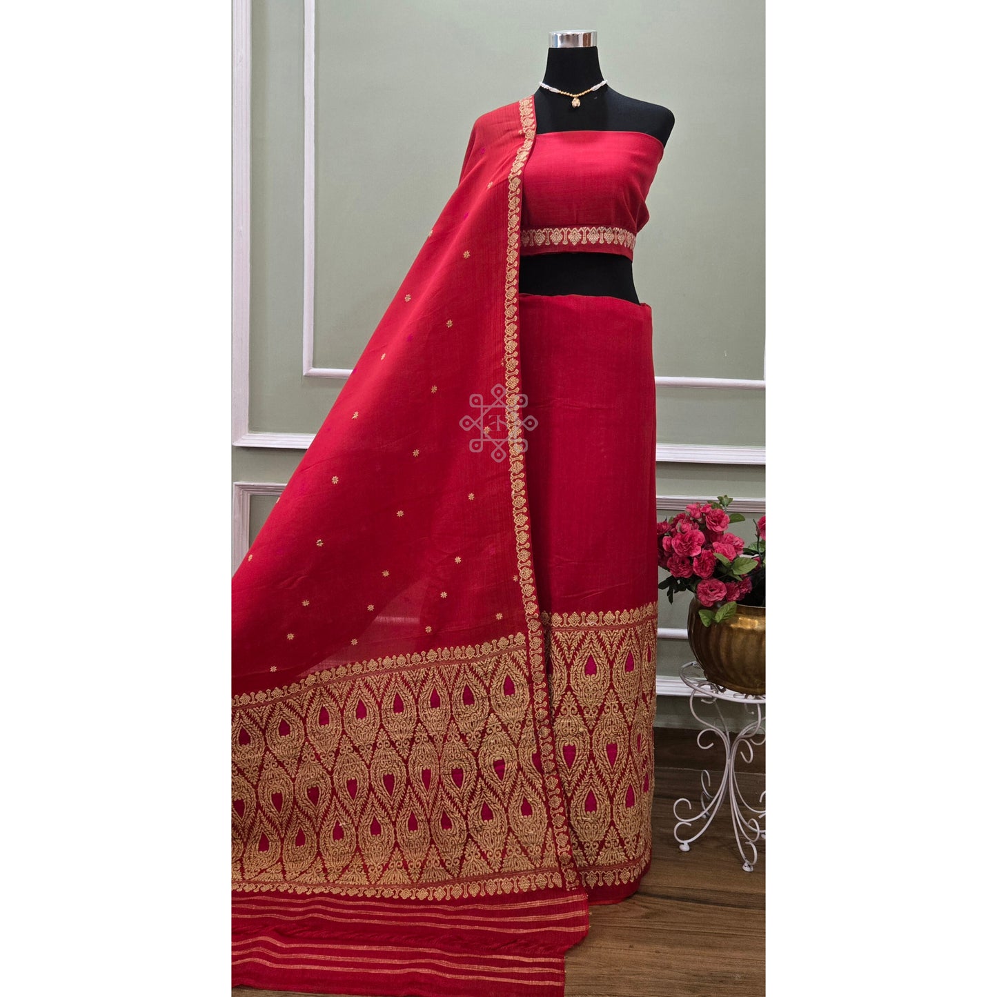 Red Cotton Kesapaat Mekhela Chador