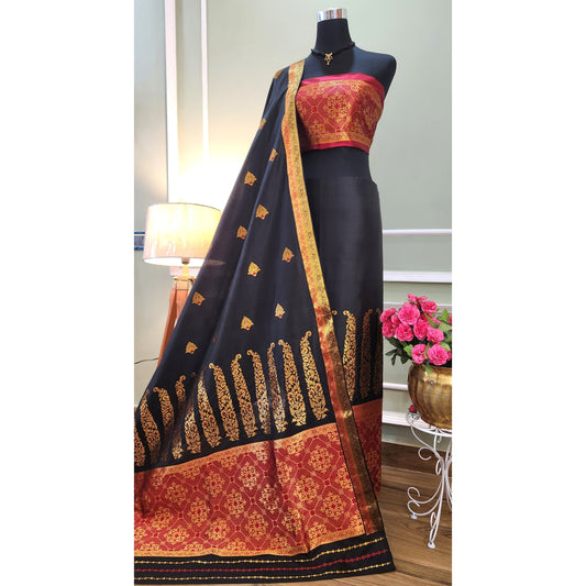 Red and Black Pure Mulberry Silk Mekhela Chador