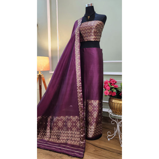 Purple pure Mulberry Silk mekhela chador with golden Zari work