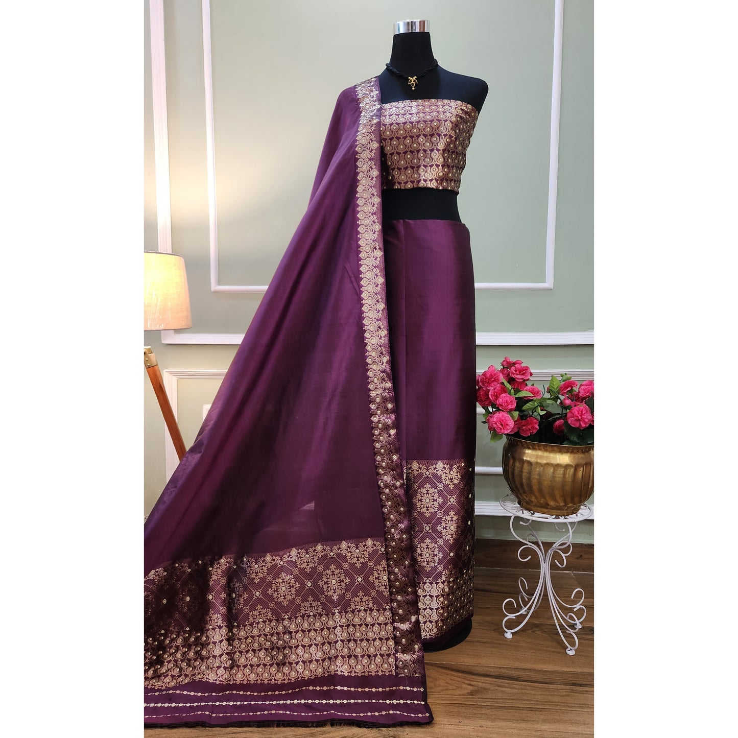 Purple pure Mulberry Silk mekhela chador with golden Zari work