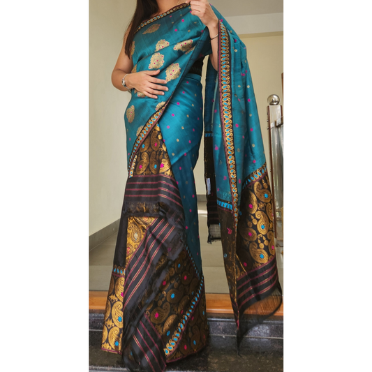 Blue- Black Mulberry Silk (Paat-Kesapaat) Mekhela Chador