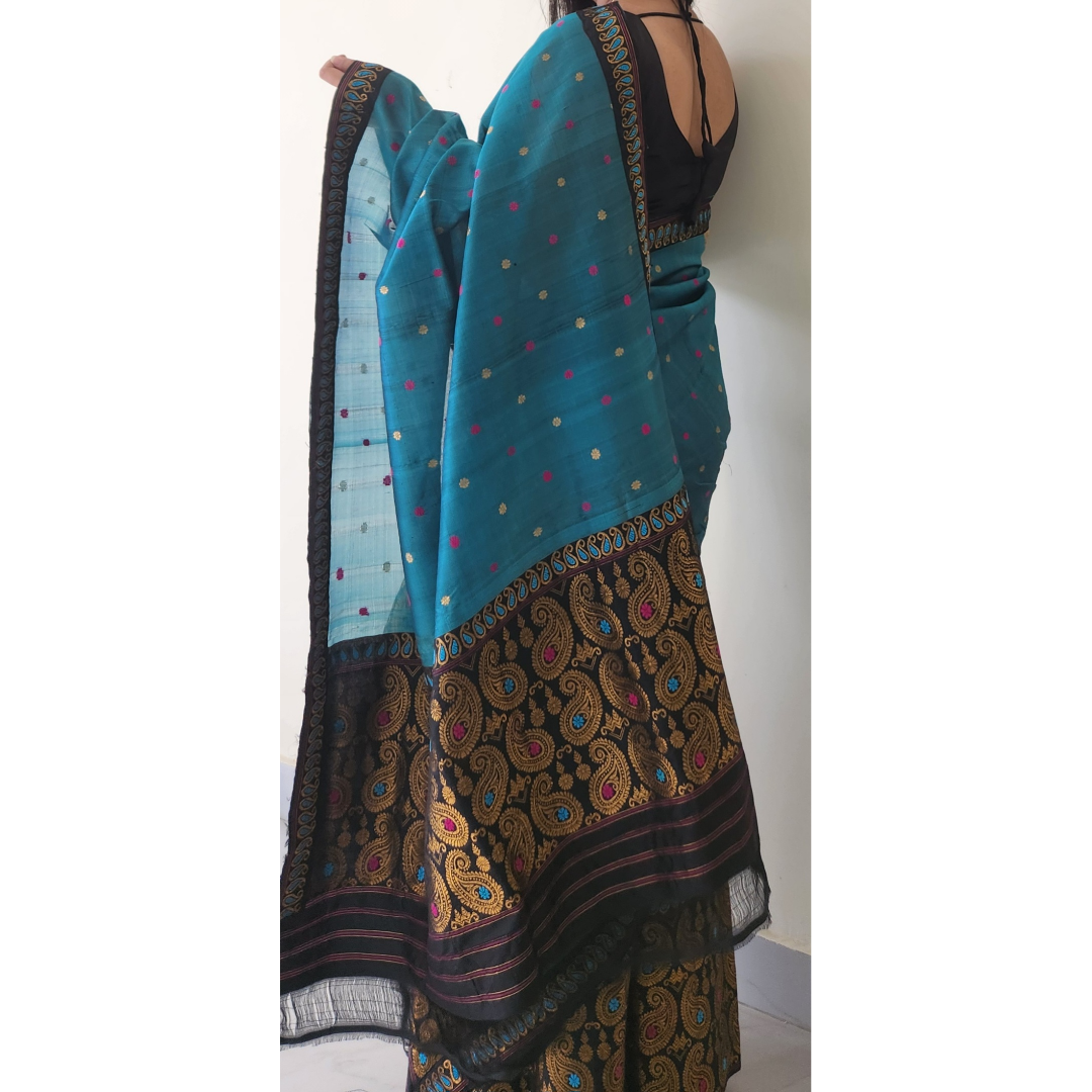 Blue- Black Mulberry Silk (Paat-Kesapaat) Mekhela Chador