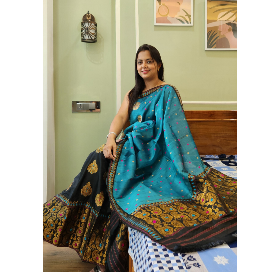 Blue- Black Mulberry Silk (Paat-Kesapaat) Mekhela Chador