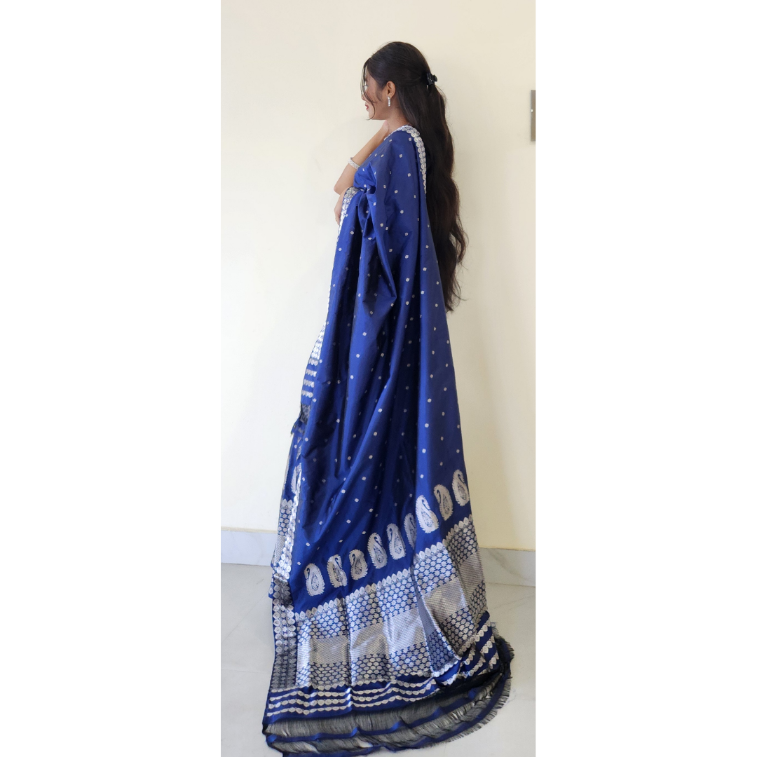 Dark Blue Mulberry Silk (Paat) Mekhela Chador