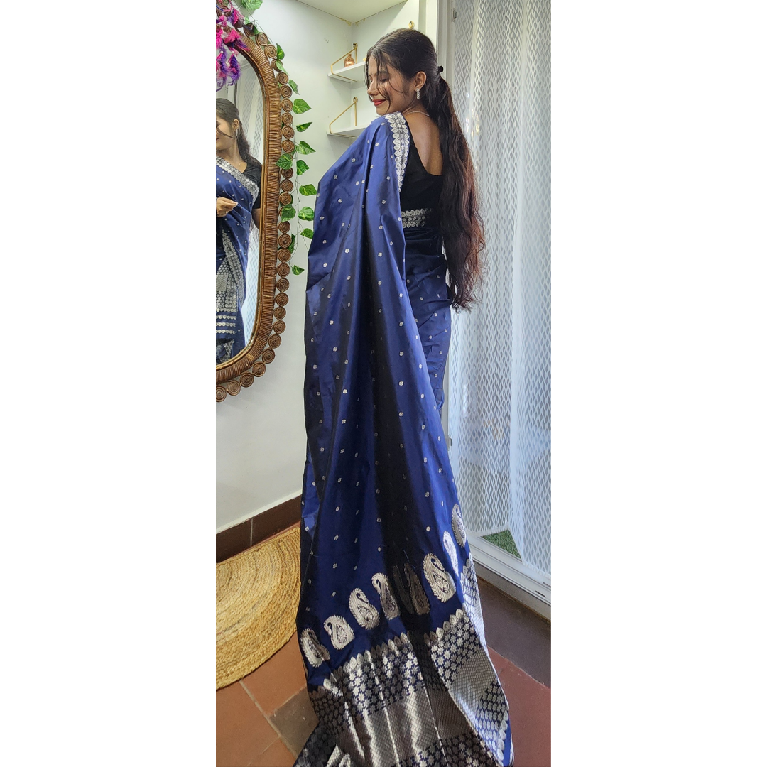 Dark Blue Mulberry Silk (Paat) Mekhela Chador