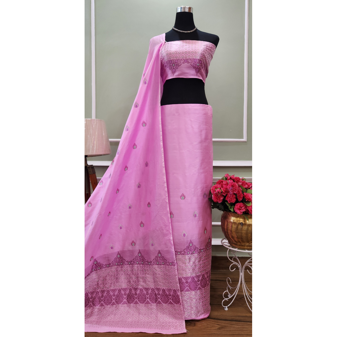 Pink Mulberry Silk (Paat) Mekhela Chador